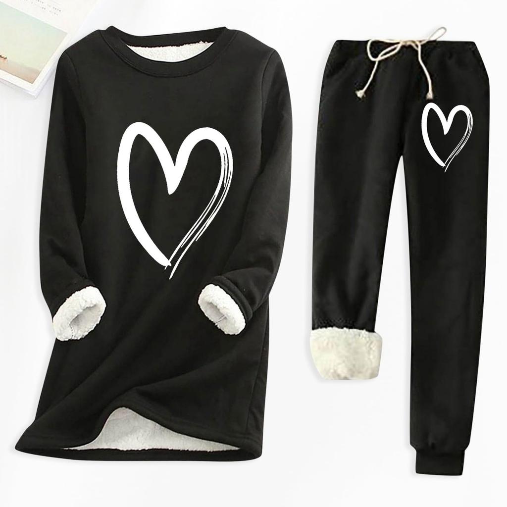 Ladies' Loose And Comfortable Round Neck Heart-shaped Printed Thick Long Sleeved Top With Cotton Pants Set