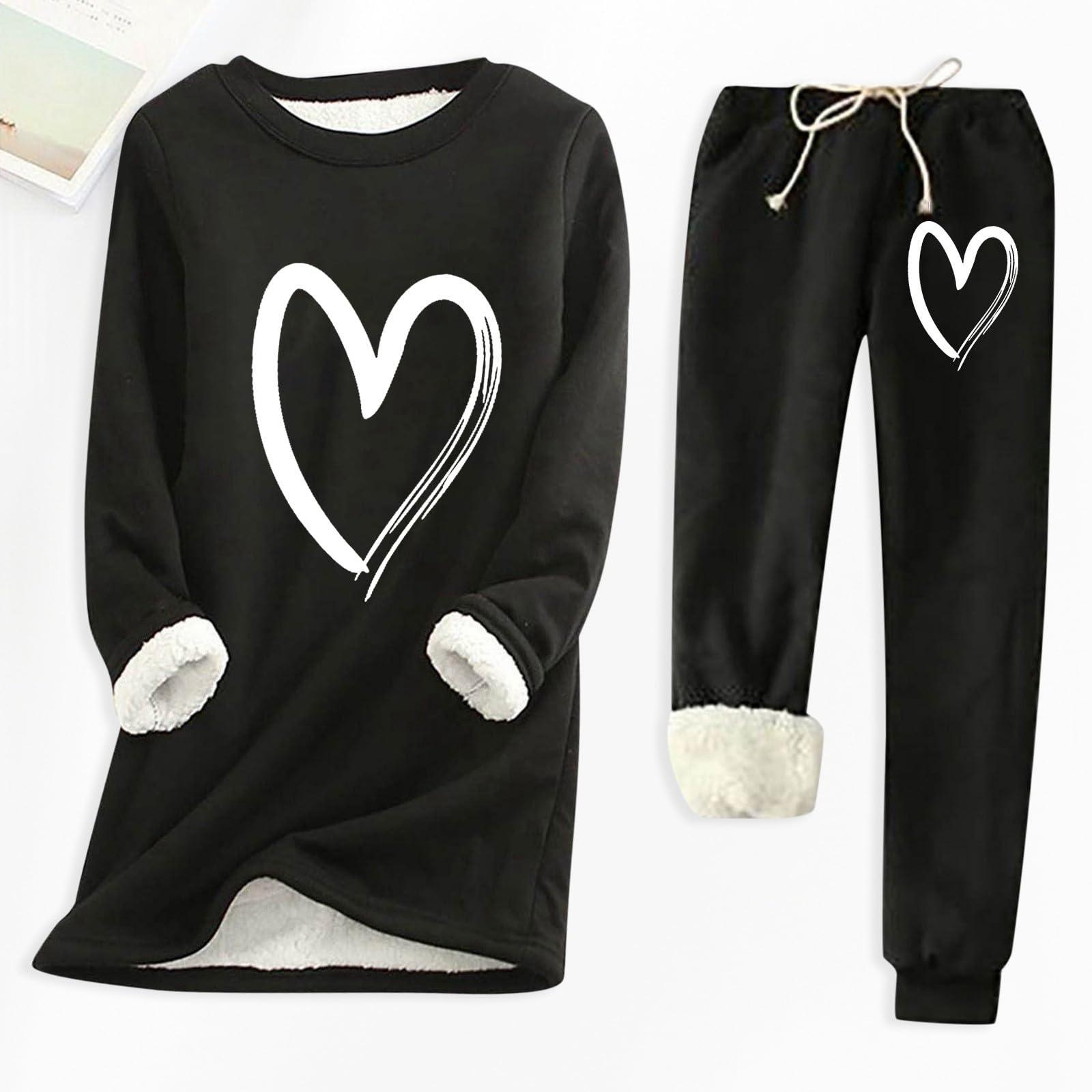 

Женский свободный и удобный топ с круглым вырезом, принтом в виде сердечек и длинными рукавами, в комплекте с хлопковыми брюками L чёрный