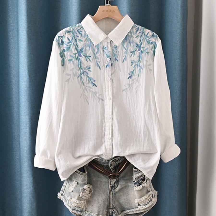 

Весна Осень Белый Верх Двухслойные Хлопчатобумажные Рубашки Женские Воротник-лацкан Длинный Рукав Напечатанные Блузки One Size