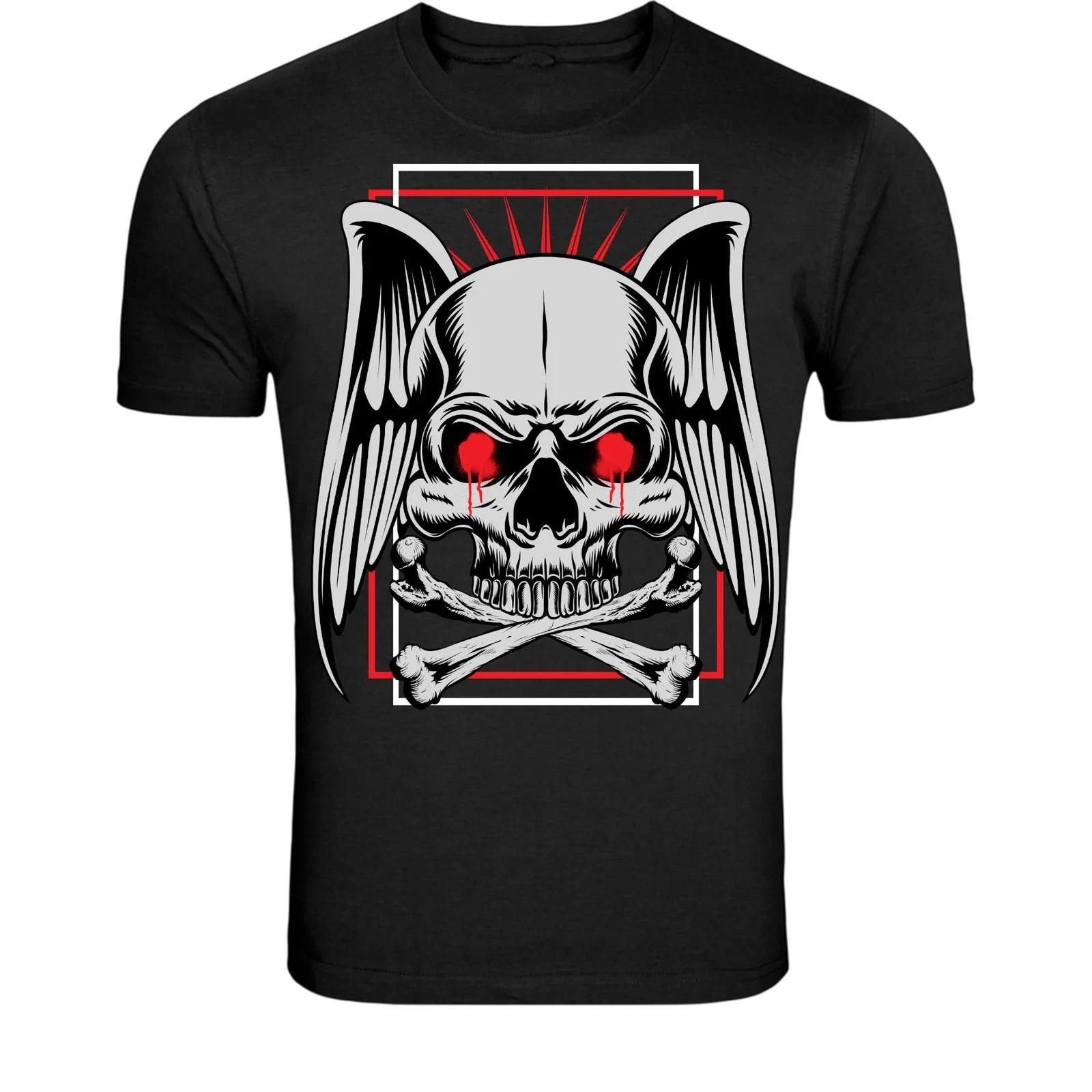 Winged Skull Crossbones T-Shirt - Dark Gothic Skeleton Graphic M