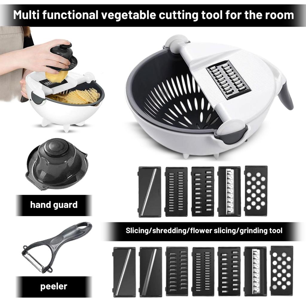 Multi Functional Vegetable Cutter with Removable Strainer Bowl and Interchangeable Blades for Slicing Dicing Grating and Peeling Kitchen Tool