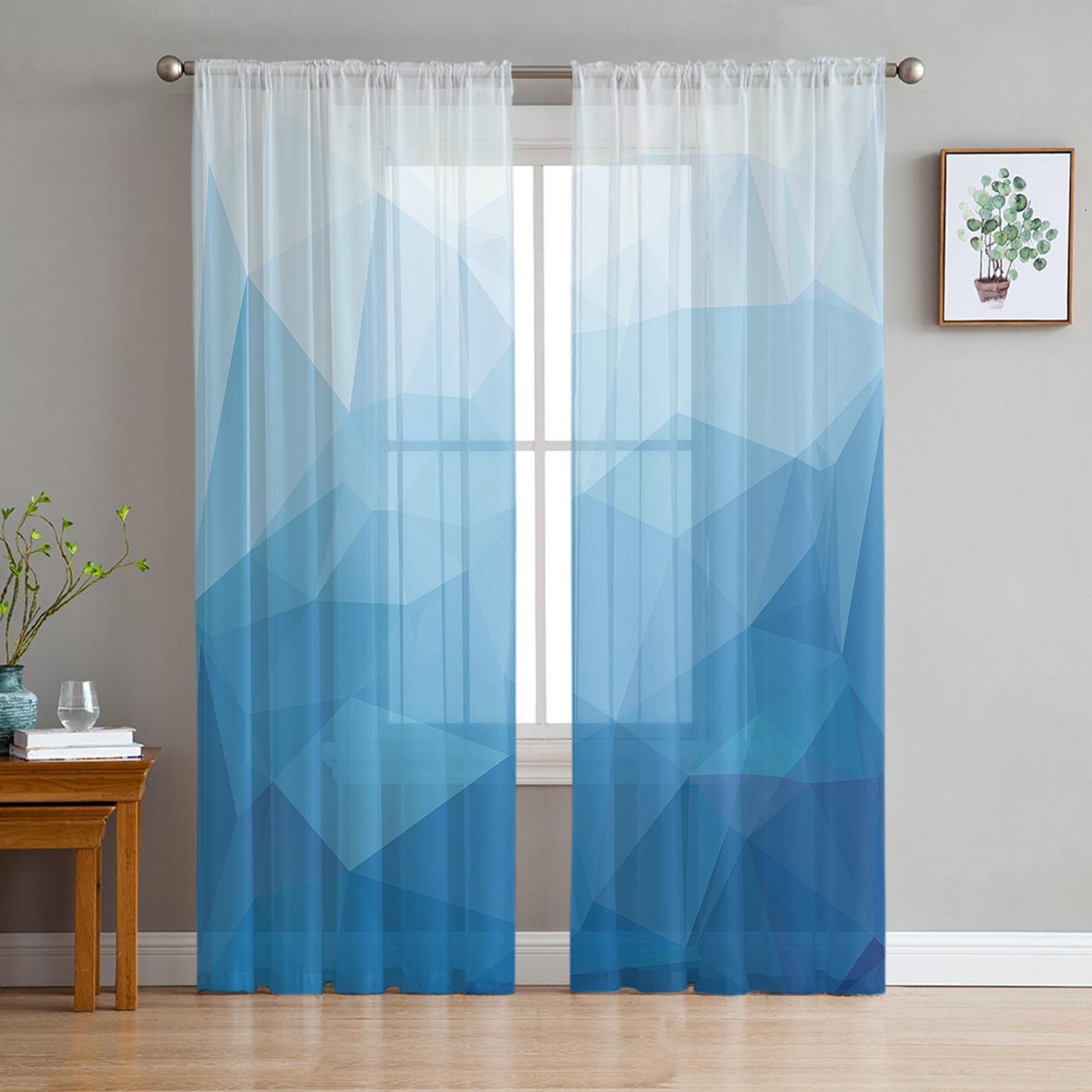 

Triangle Color Block Blue Gradient Sheer Curtains for Living Room Decoration Window Curtains Kitchen Tulle Voile Curtains (As shown-6657)-W135 x H115cm x1