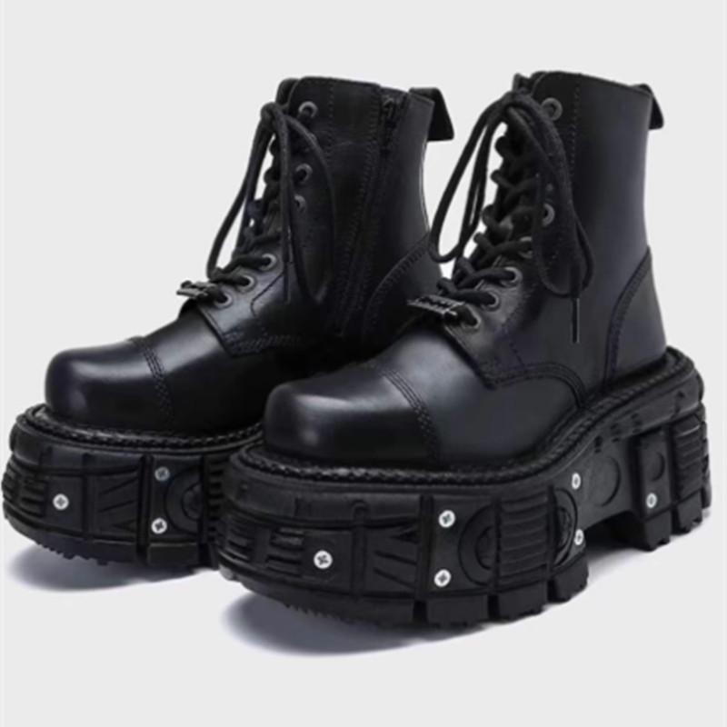 Women Ankle Boots Big Size 36-45 Man Shoes Lace-Up Round Toe Thick Bottom Shoes Rivet Platform Flat Casual Botas