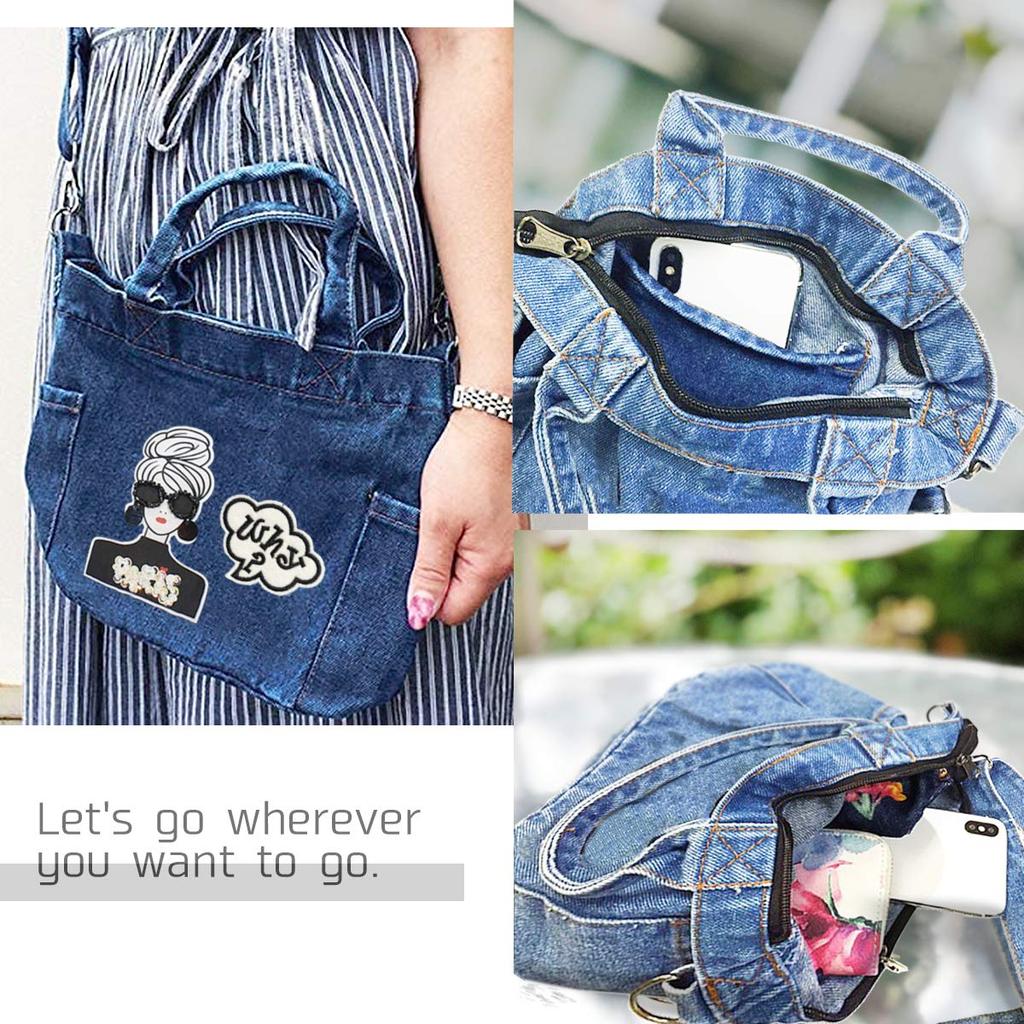 Gisele Women's Denim Shoulder Bag, Tote Bag, 2-Way Bag, Crossbody Bag, Handbag, Mini Bag, Small Bag with Side Pocket, Zipper Closure, Girl's (Light