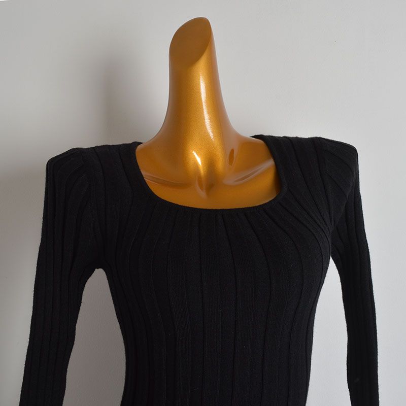 French New Arrival Solid Color Square Collar Sunken Stripe Long Sleeves Knitting Dress Women's Clothing Fall/Winter Slim Slimming Overknee Long Dress