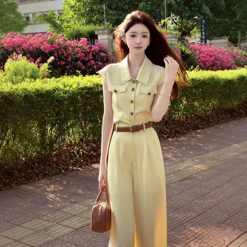 

Women s Stylish 2026 Summer Two-Piece Set: Yellow Polo Collar Denim Top & High-Waisted Long Pants S (suggested 80-94 jin)