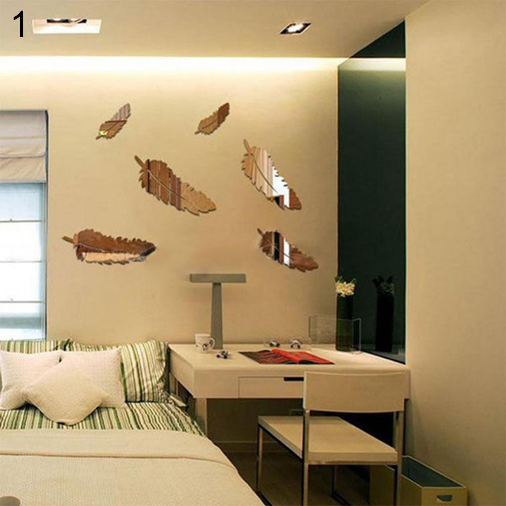 8 Pcs/Set Feather Plume 3D Mirror Wall Sticker For Living Room Art Home Decor Vinyl Decal DIY Acrylic Sticker Mural Wallpaper