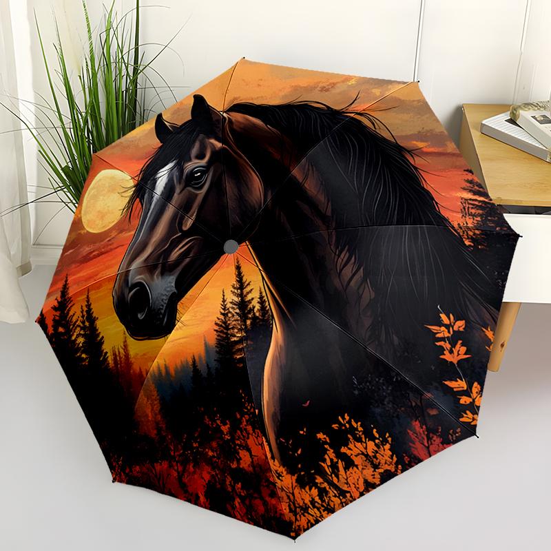 Horse Theme Design Folding Umbrella-Fashionable Auto-Open Design 8 Iron Ribs Plastic Handle Foldable Sunshade,Perfect Gifts