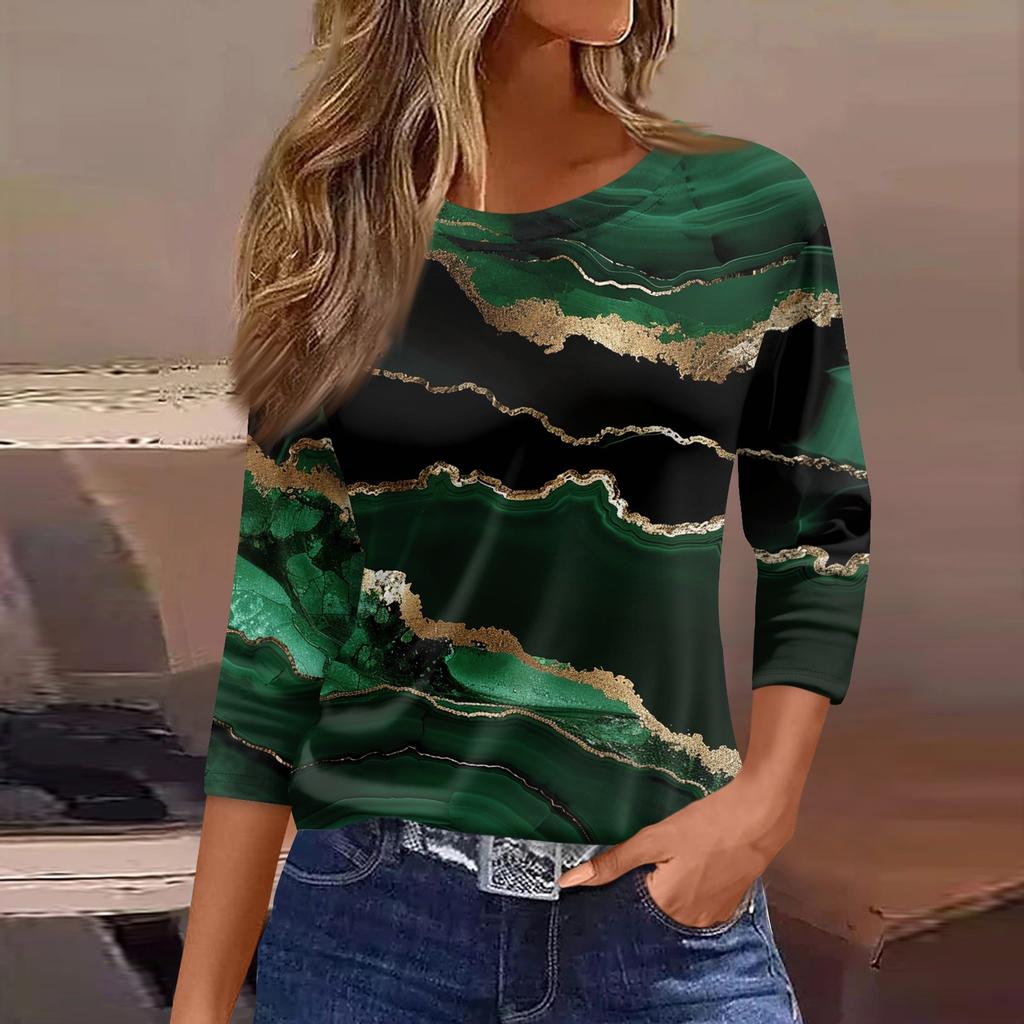 Women's Three-Quarter Sleeve Shirt, Round Neck, Loose Fit, Casual Shirt, Floral Print T-Shirt, Summer