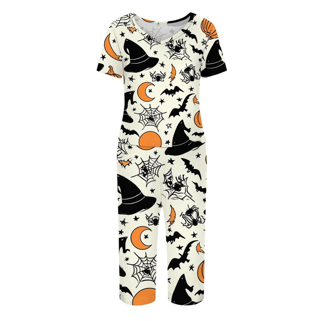 Women Two Piece Halloween Print Lounge Set Short Sleeve Top and Capri Pants Casual Pajama Set for Relaxed Fit