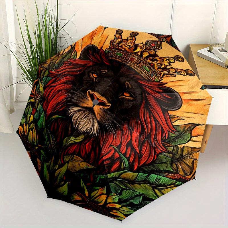 1pc Regal Lion with Crown & Leaves Pattern Umbrella - Automatic Folding Travel Umbrella, 8-Rib Durable Design, Portable Unisex