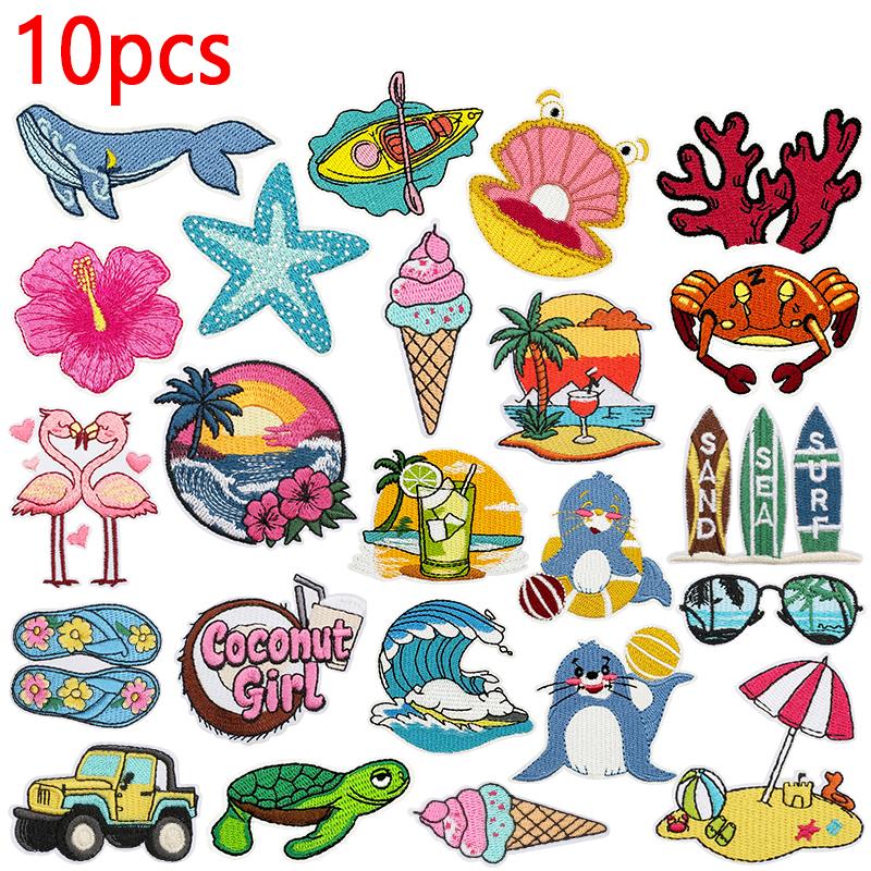10pcs Lots Summer Wave Slippers Embroidered Patches On Clothes Shell Coral Patch Iron On Patches For Clothing Hats Jackets Diy