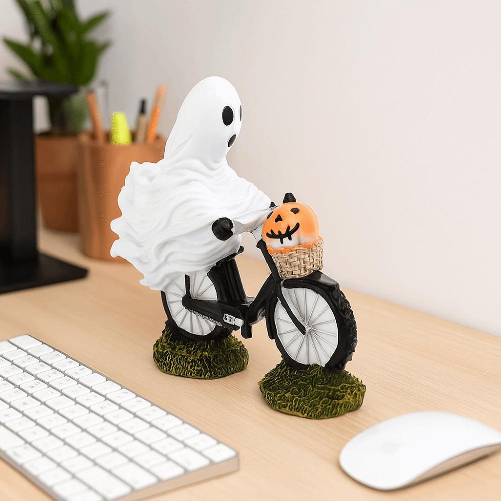 Cartoon Ghost Figurines Ornament Funny Ghost Statue Cute Ghost Bike Rider Halloween