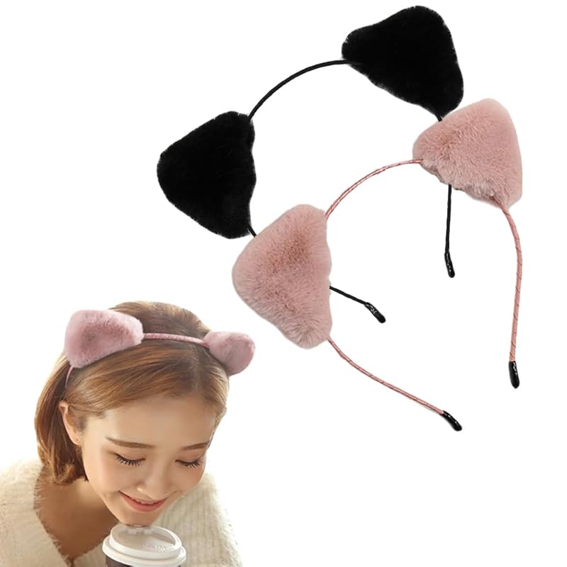 

[GALSANG] cat ears Fluffy headband cute fox ears Moe cosplay disguise costume accessories halloween ball party (Set of 2 black + pink)
