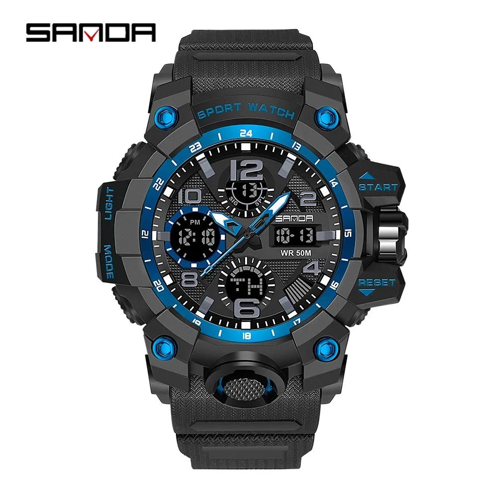 SANDA 6021 LED Dual Display Quartz Wristwatch Mens Digital Clock Military Stopwatch Reloj HombreSport Watch for Men Waterproof