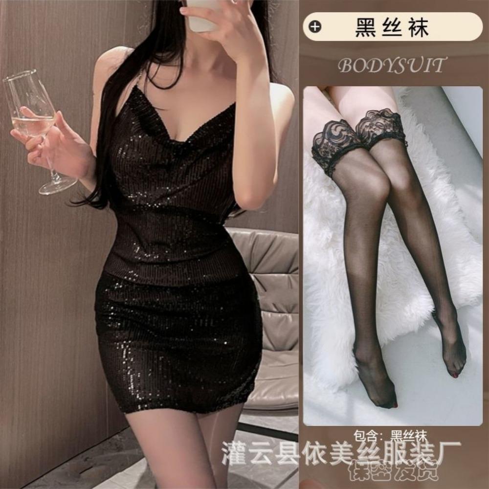Sex Underwear Women's New Internet Celebrity Split Suspender Skirt Bright Diamond Neck Nightdress Sexy Low Cut Sequins Nightclub Suit