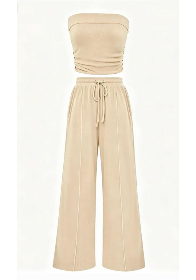 2026 European & American Fashion Casual Solid Color Bandeau Top and Pants Women's Set - Vacation Style