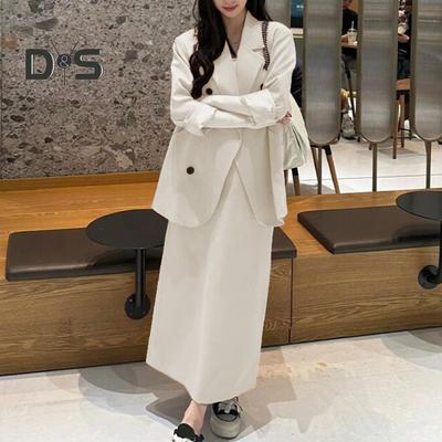 2 Teile/satz Damen Anzug Mantel Rock Set Zweireihig Langarm Revers Mittellange Jacke Hohe Taille Lockerer Rock Set Formelles Business Style Outfit