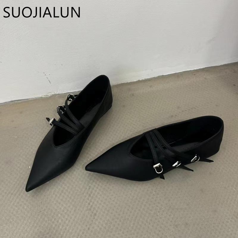 Fashion SUOJIALUN Autumn Women Flat Shoes Fashion Buckle Pointed Toe Shallow Slip On Boat Shoes Soft Flat Heel Outdoor DressBallerinas