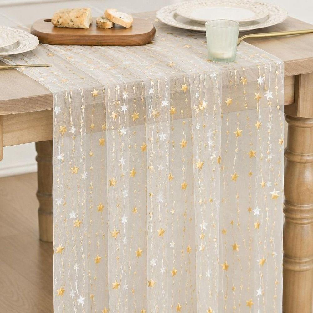 75*300CM Embroidered Table Runner Polyester Material Retro Style Tulle Table Decor Semi-Transparent Gauze Embroidery Design