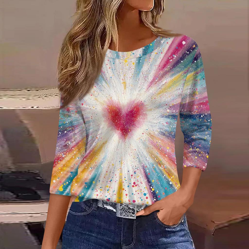 Damen Modisches Lässiges Dreiviertelarm Bedrucktes Rundhals-Top