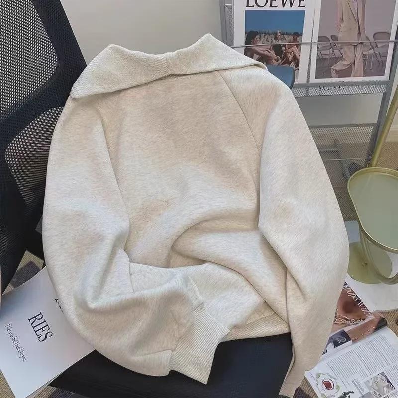 Pulover larg de toamnă retro gri pentru femei cu jumătate de fermoar