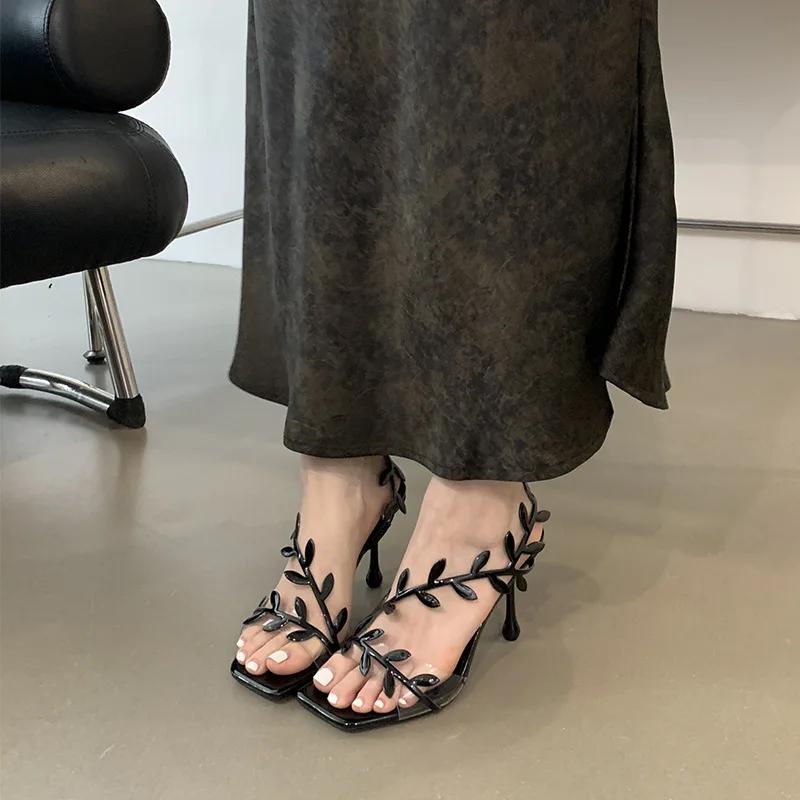 Fashion Fashion Square Toe Pvc Leaf Design High Heel Sandals Women Sexy Open Toe Thin High Heels 2025 Summer Ankle-Wrap Women Pumps