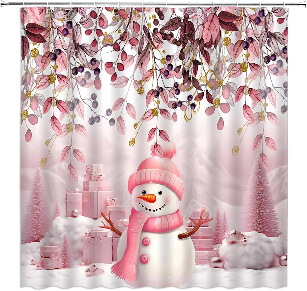 Christmas Snowman Shower Curtain Cute Snowman Snowflake Ball Tree Forest Winter Holiday Nature Pink White Bathroom Home Curtain