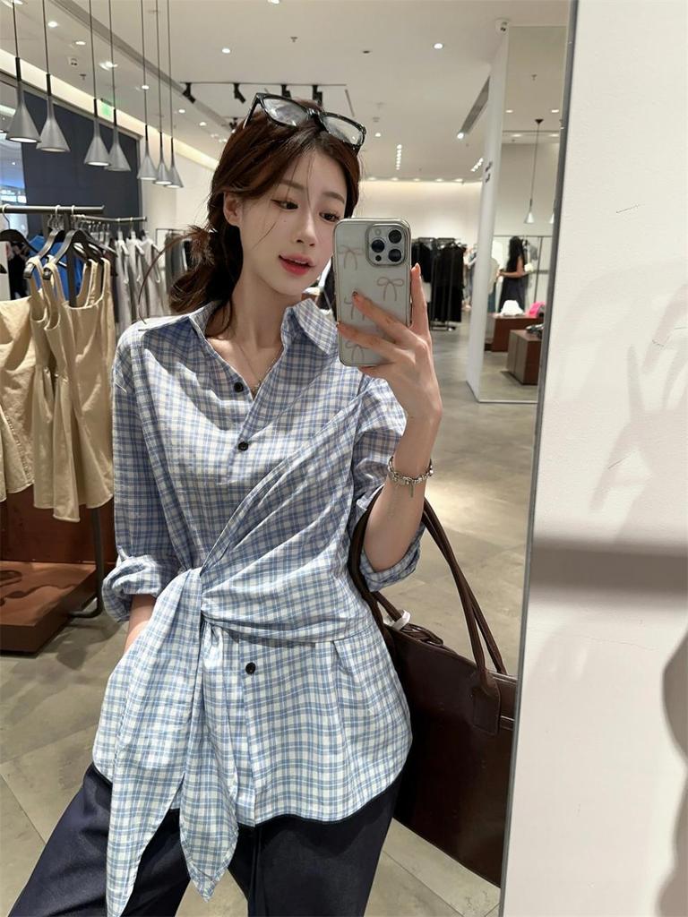 Jinbukan Women's Retro Plaid Long Sleeve Shirt - Loose Fit, Autumn/Spring Style