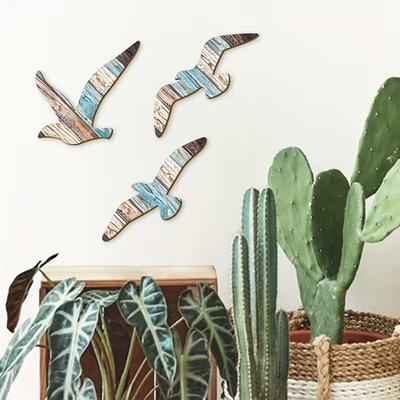 3 Pcs Seagull Wall Decor Wooden Flying Sea Birds Wall Hanging Sign Nautical Theme Beach Coastal Wall Art Vintage Ocean Sculpture for Home Bathroom