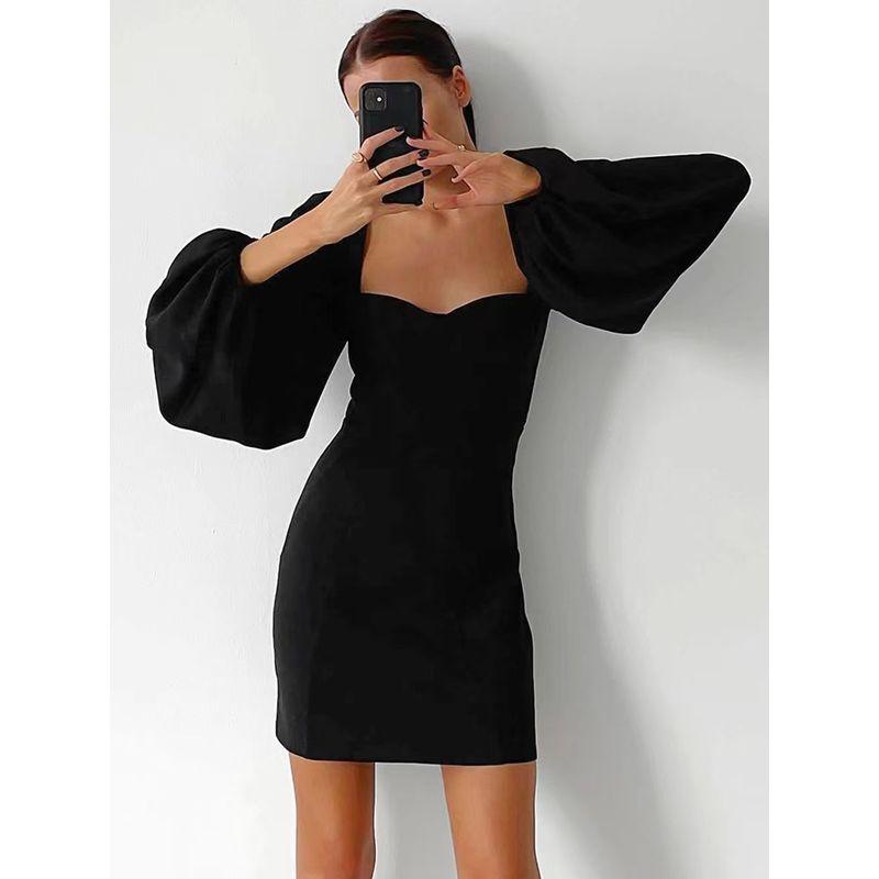 

Fashion Wind Square Collar Dress Puff Sleeves Bodycon Dress Bubble Sleeve Square Neck Dress Black S