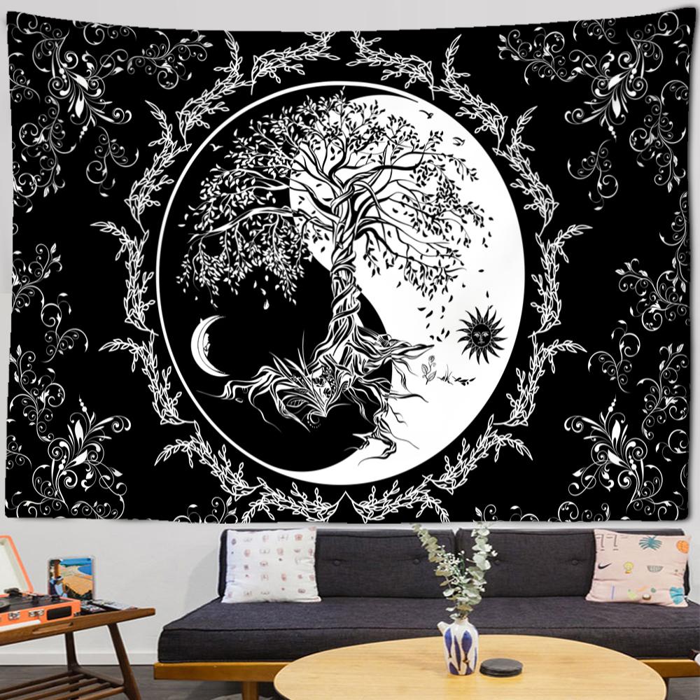 Bohemia Mandala Tapestry Sun and Moon Tapestry Wall Hanging Tarot Hippie Wall Rugs Room Dorm Decor Blanket Black and White Color