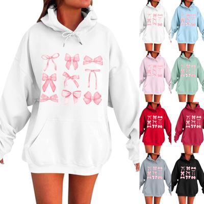 Ladies Spring Bow Printed Pullover Hooded Sweatshirt Fleece Long Sleeve Sweatshirt