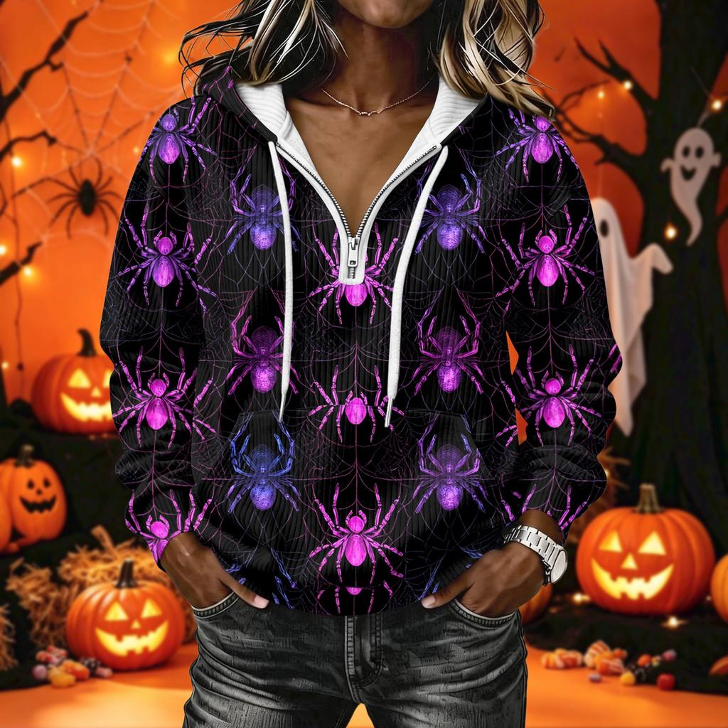 Women's Long Sleeve Hoodie Sweatshirt with Halloween Print for Casual Wear