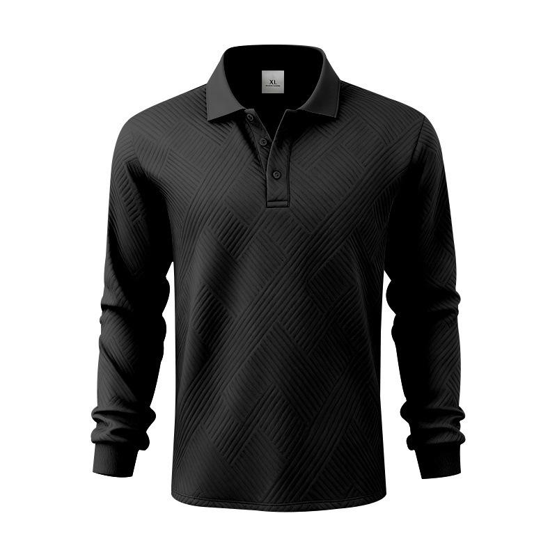 New Men's Solid-Colour Relaxed-Fit Casual Polo Shirt Long-Sleeved Button-Down Collar Jacquard Textured Sweatshirt