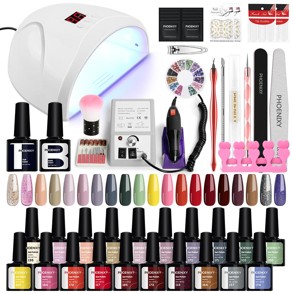 

Набор гелей для ногтей PHOENIXY, 20 цветов, лаки для ногтей, фрезы для ногтей, 36 Вт, лампа для ногтей, гель-лак для дизайна ногтей, серия маникюрный набор