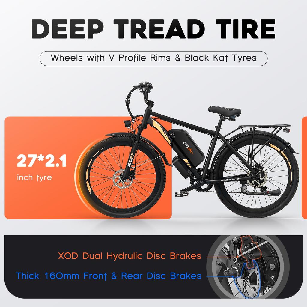 Elektrofahrrad EMOKO 27" 500W Motor Erwachsenen E-Bike 48V 25AH Max. Reichweite 100 km 7 Gänge Last 120 kg Schwarz EC27