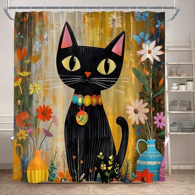 Cortinas de Chuveiro Engraçadas de Gato Preto Animal Fofo Animal de Estimação Floral Pintura Vintage Arte Tecido Moderno Decoração de Banheiro Doméstico Conjunto de Cortina de Banho