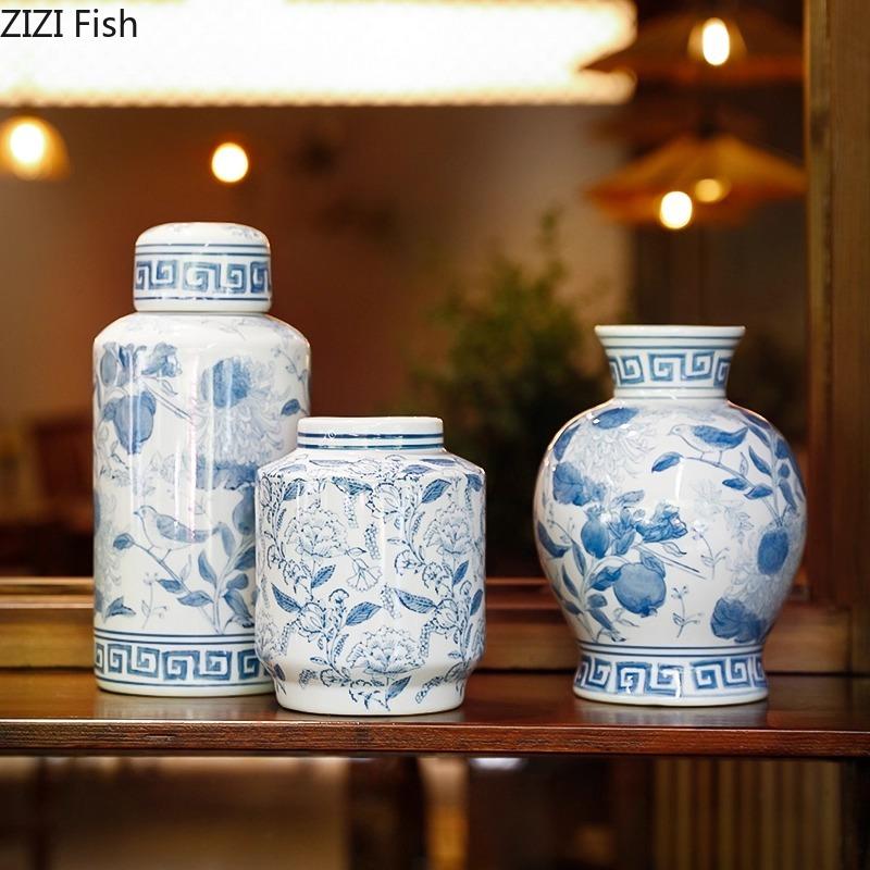 Neoclassical Blue and White Porcelain Vase Table Decoration Floral Print Texture Flowers Arrangement Vases Room Aesthetic Decor