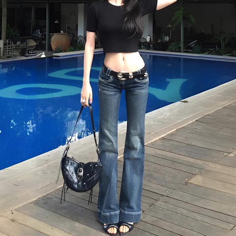 Autumn new design elastic straight jeans women's American Spice Girls low-rise slim-fitting and thin horn trousers