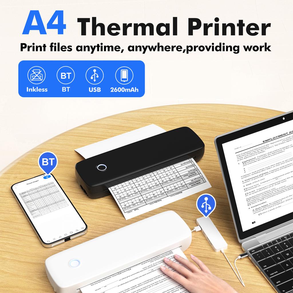 Bisofice A4 Portable Thermal Transfer Printer Wireless&USB Connect Connect with Mobile Computer 56mm 77mm 107mm
