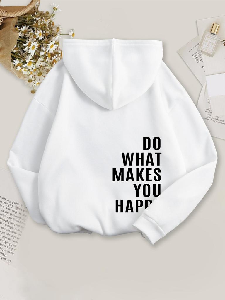 New Women's Fleece-Lined Hoodie with Letter Print - Trendy Loose Fit with Kangaroo Pocket and Drawstring Hood.