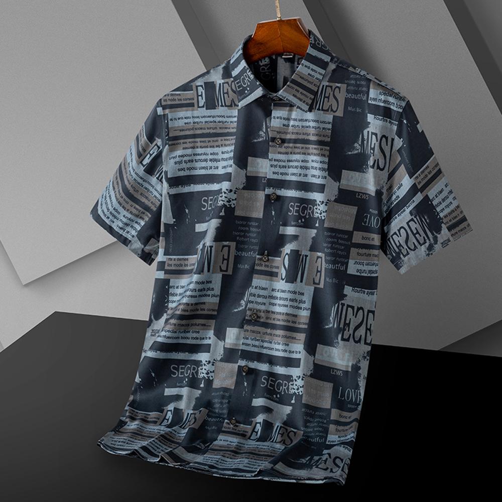 Men's Letter Print Spread Collar Short Sleeve Button-Up Shirt without Pocket, Stretchy Summer Casual Comfort Menswear Clothing