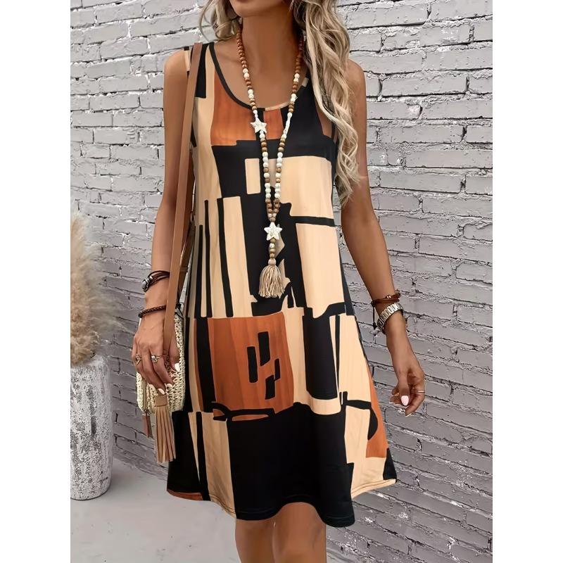 Women's plus size summer sleeveless dress, casual holiday dress, suitable for beach outings and daily parties, bright pattern design