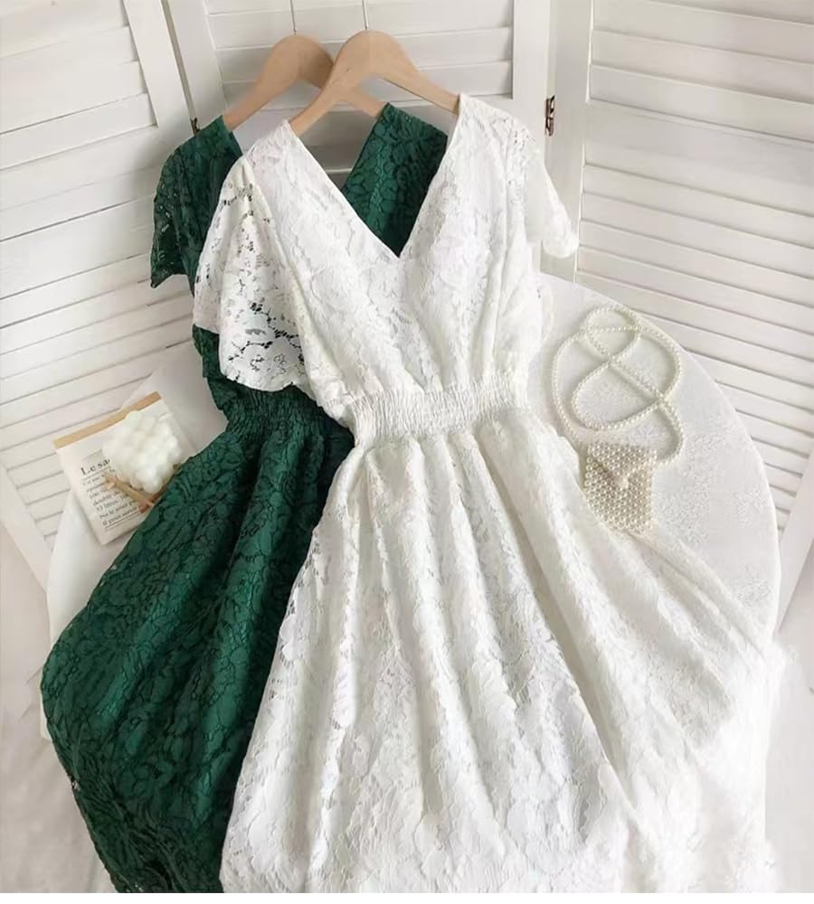 Collecala Dress with Nipped Elastic Lace Ruffle Summer White Size 2XL V-neck Waist, Waist, Slimming, Fly-Waist Dress, Sleeves, A-Line Dress, Dress,
