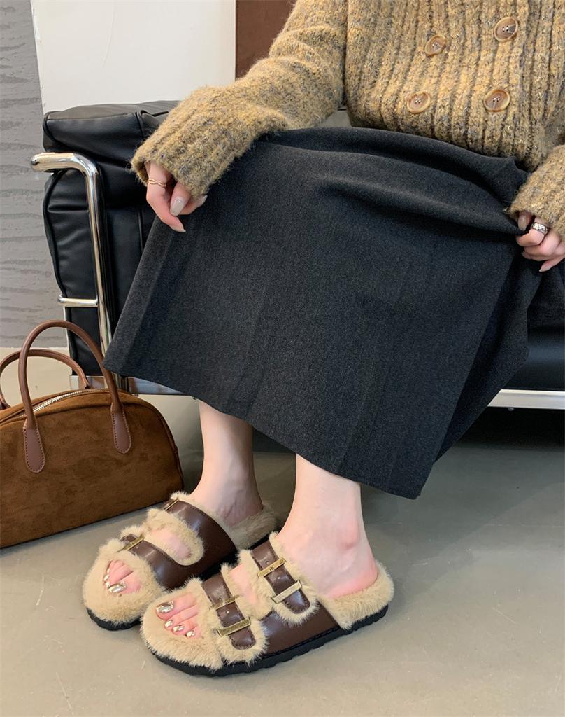 2025 New Autumn and Winter Thick-soled Retro Fluffy Slippers Women's Shoes Wear Warm Cotton Slippers