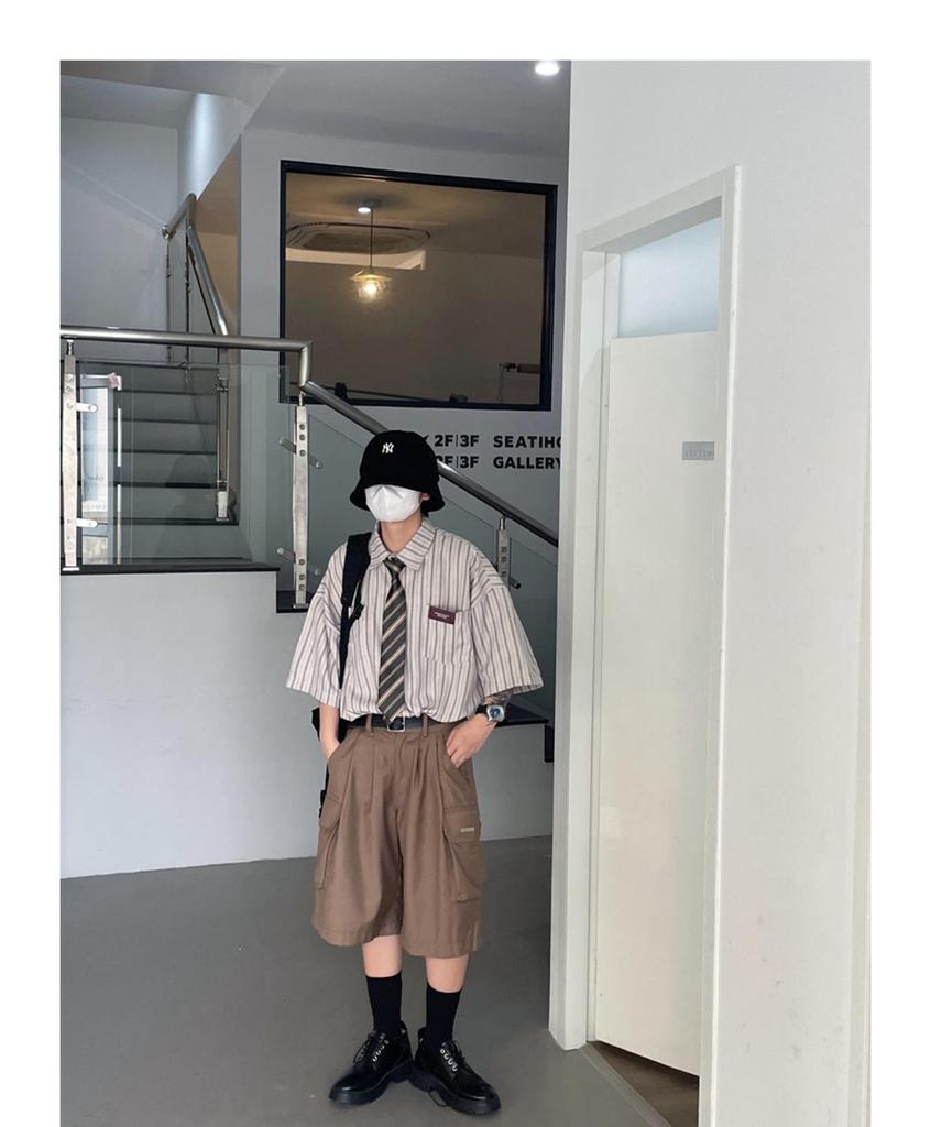 2023 Summer Unisex Japanese Retro Striped Lapel Short-Sleeve Trendy Shirt