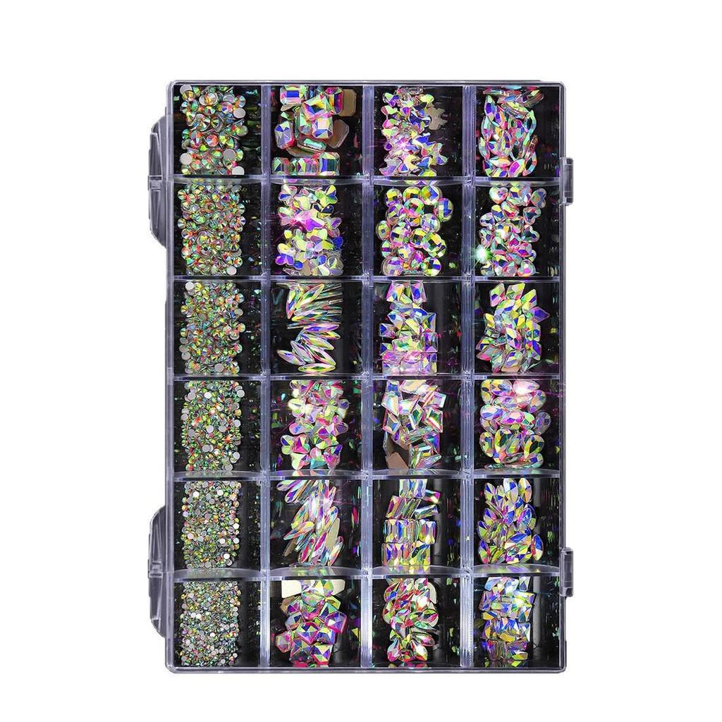 Iridescent Nail Art Rhinestone Set: 24 Grids of Mixed Super Sparkle Flat-Back Rhinestones in Special Shapes with Box Packaging.