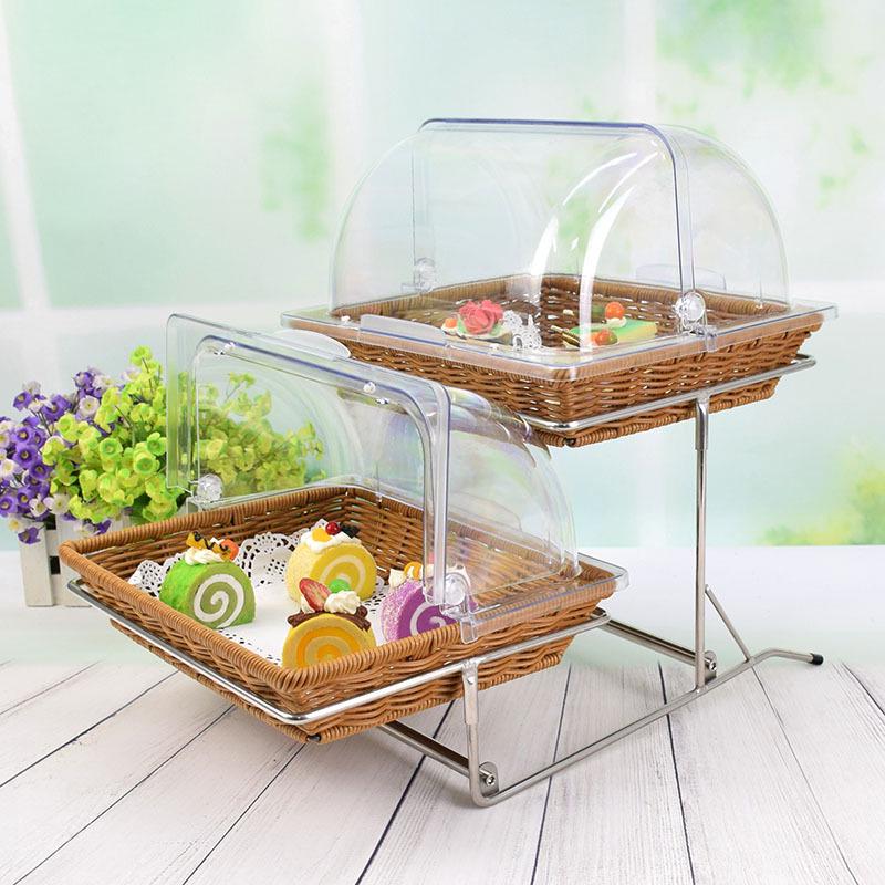 Double-Layer Rattan Bread Basket with Lid - Dessert Display Stand & Pastry Rack for Egg Tarts & Fruits