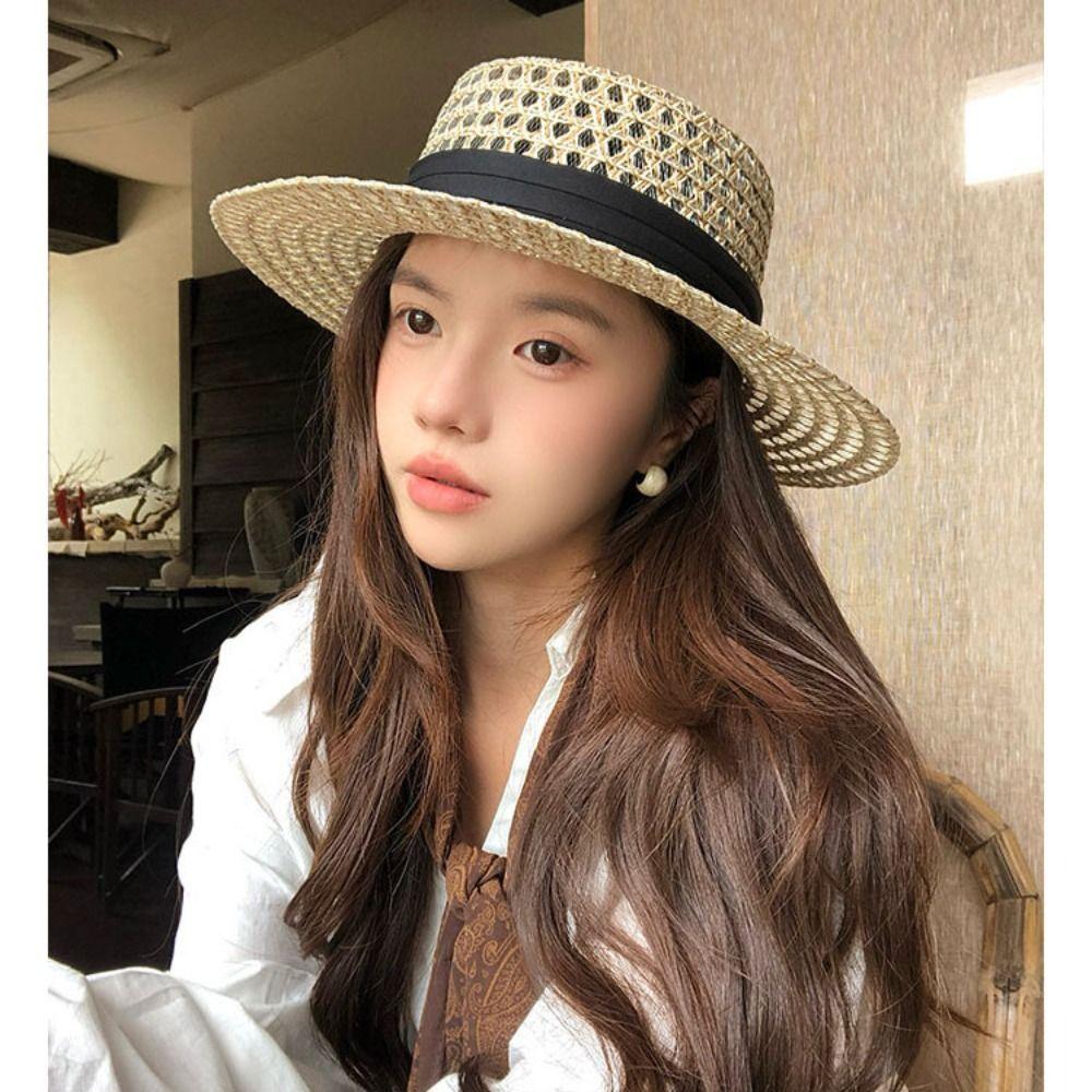 Wide Brim Straw Hat UV Protection Beach Hats French Flat Top Hat for Women